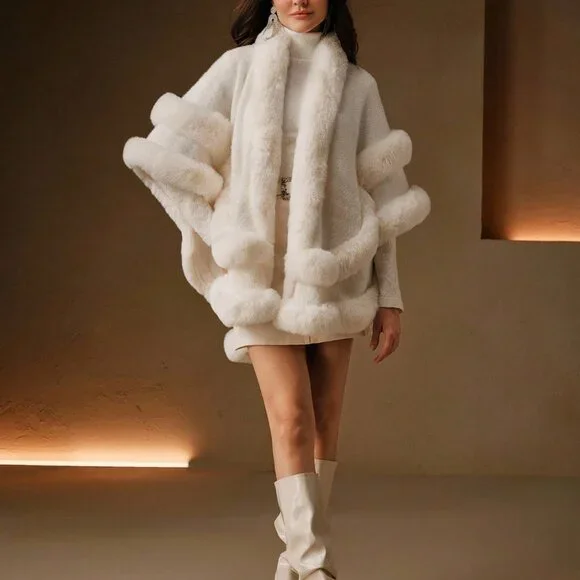 elegant Statement maker Women's faux fur trimmed knit Shawl - Picture 4 of 9